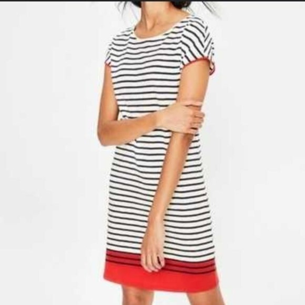 Boden Striped T-Shirt Dress Women Size 2R White Navy Red Nautical Cotton Mini